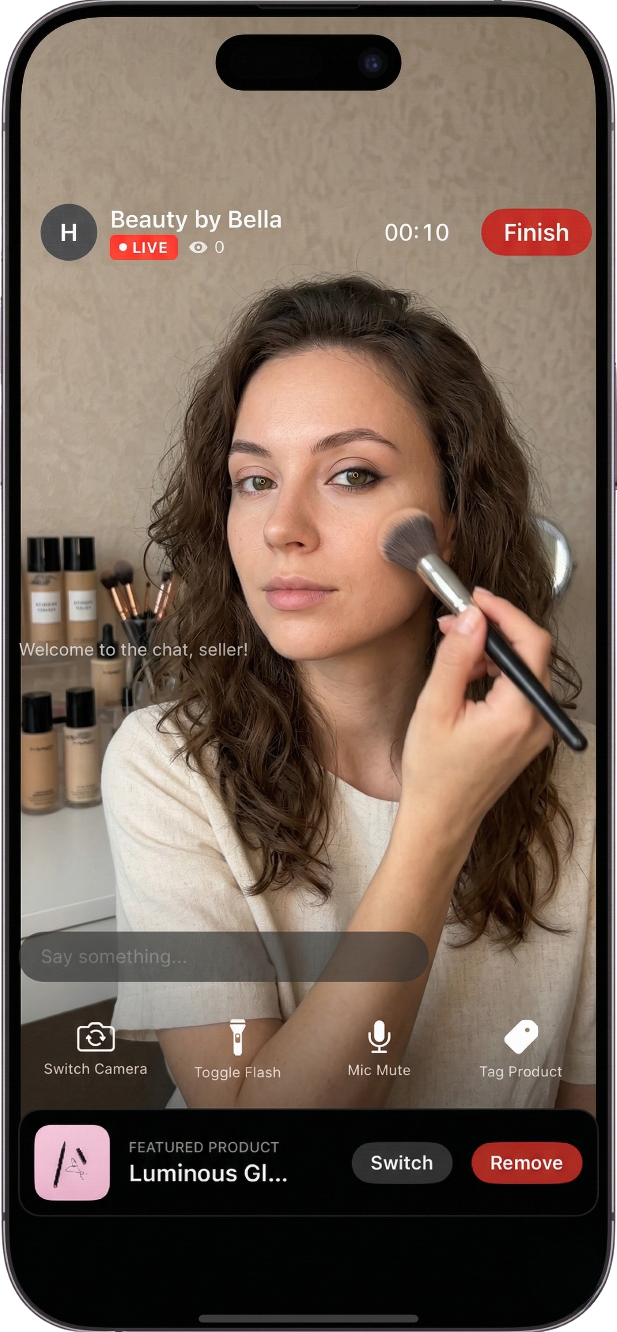 A creator running a live beauty tutorial on the Haulo app, with a featured product and chat visible.